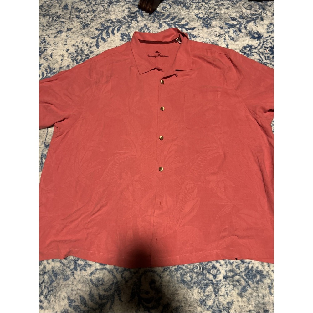Tommy Bahama Shirt Mens 3XLB Pink textured  100% Silk Hawaiian S/S island zone